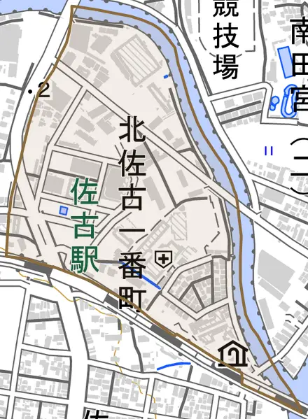 北佐古一番町とその周辺の地図。町の範囲を重ねている