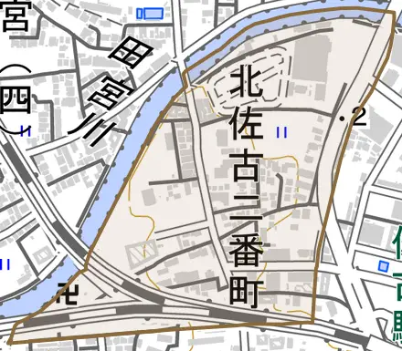 北佐古二番町とその周辺の地図。町の範囲を重ねている
