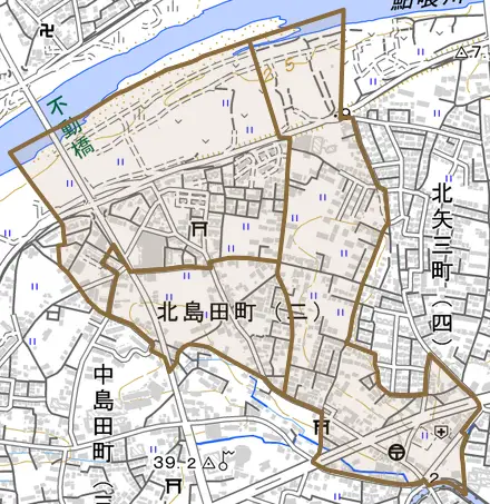 北島田町とその周辺の地図。町の範囲を重ねている