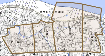 北田宮とその周辺の地図。町の範囲を重ねている