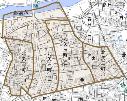 北矢三町とその周辺の地図。町の範囲を重ねている