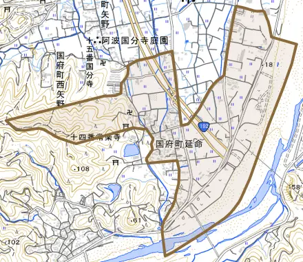 国府町延命とその周辺の地図。町の範囲を重ねている