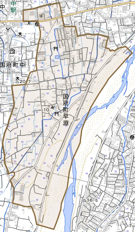 国府町早淵とその周辺の地図。町の範囲を重ねている