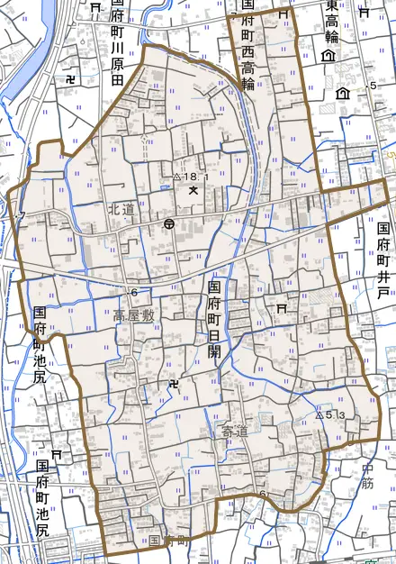 国府町日開とその周辺の地図。町の範囲を重ねている