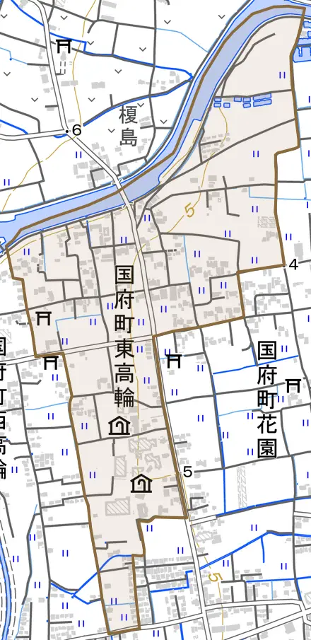 国府町東高輪とその周辺の地図。町の範囲を重ねている