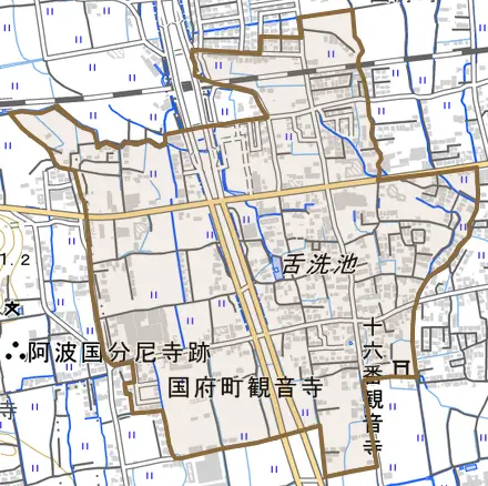 国府町観音寺とその周辺の地図。町の範囲を重ねている