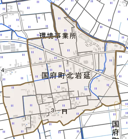 国府町北岩延とその周辺の地図。町の範囲を重ねている