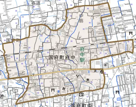 国府町府中とその周辺の地図。町の範囲を重ねている