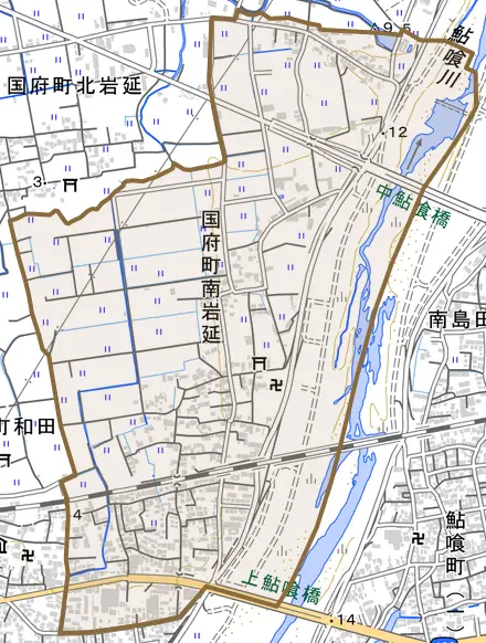国府町南岩延とその周辺の地図。町の範囲を重ねている