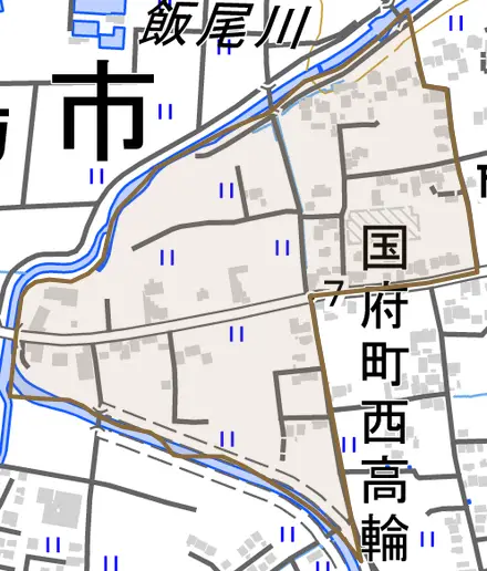 国府町西高輪とその周辺の地図。町の範囲を重ねている