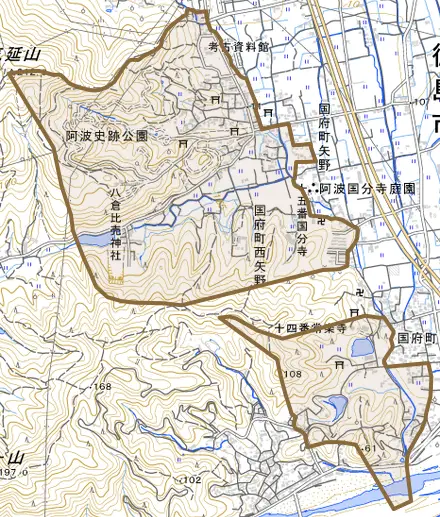 国府町西矢野とその周辺の地図。町の範囲を重ねている