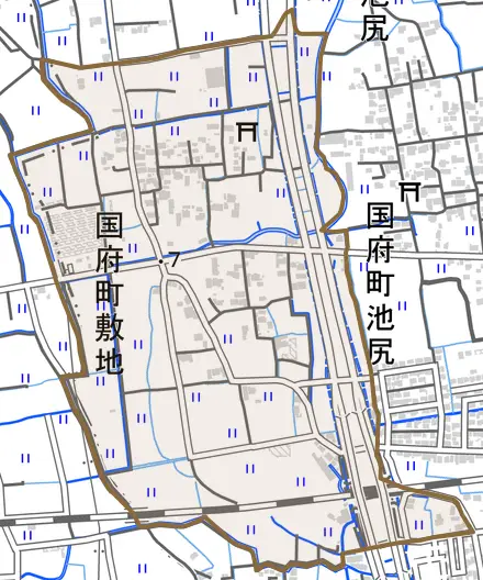 国府町敷地とその周辺の地図。町の範囲を重ねている