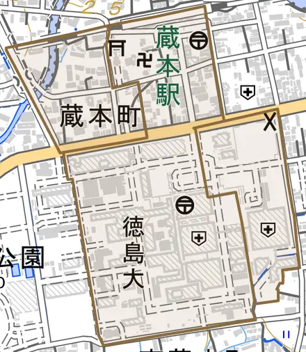 蔵本町とその周辺の地図。町の範囲を重ねている