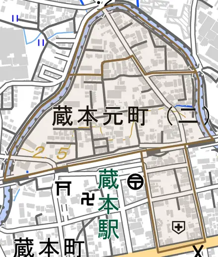 蔵本元町とその周辺の地図。町の範囲を重ねている