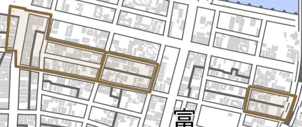 南仲之町とその周辺の地図。町の範囲を重ねている