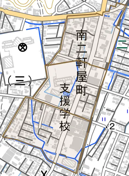 南二軒屋町とその周辺の地図。町の範囲を重ねている