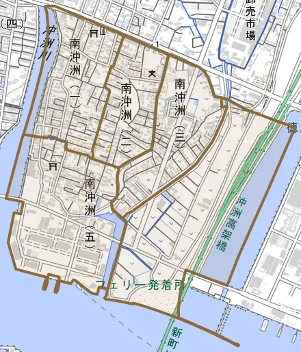 南沖洲とその周辺の地図。町の範囲を重ねている