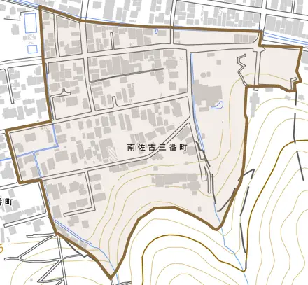 南佐古三番町とその周辺の地図。町の範囲を重ねている