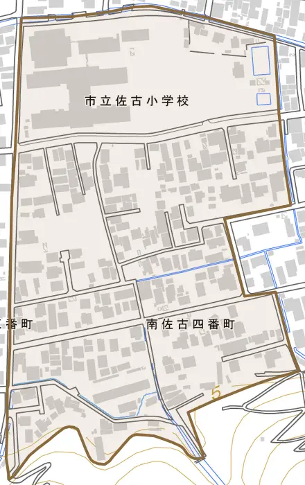 南佐古四番町とその周辺の地図。町の範囲を重ねている