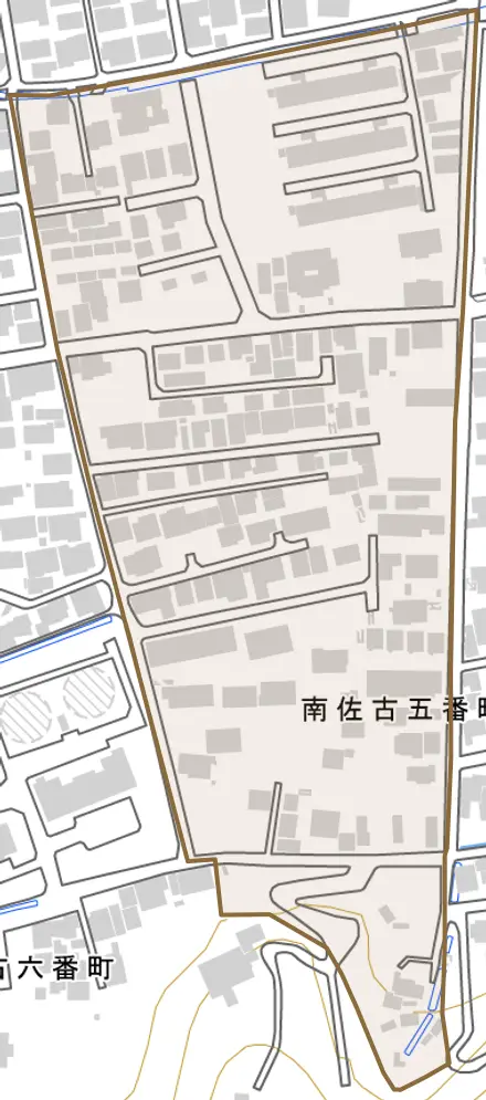 南佐古五番町とその周辺の地図。町の範囲を重ねている