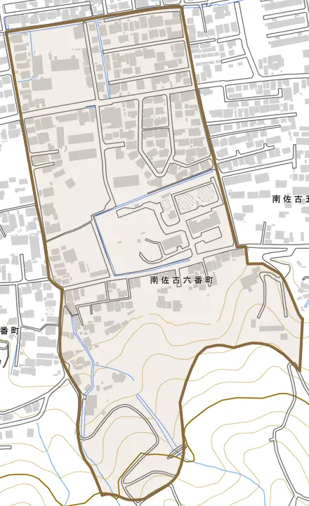 南佐古六番町とその周辺の地図。町の範囲を重ねている