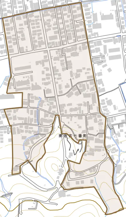 南佐古七番町とその周辺の地図。町の範囲を重ねている