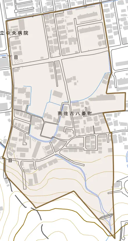 南佐古八番町とその周辺の地図。町の範囲を重ねている