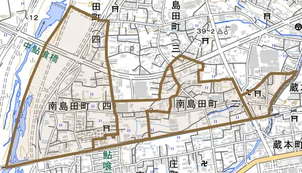 南島田町とその周辺の地図。町の範囲を重ねている