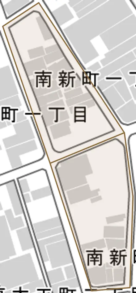 南新町とその周辺の地図。町の範囲を重ねている