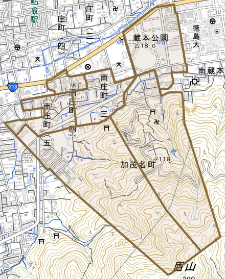 南庄町とその周辺の地図。町の範囲を重ねている