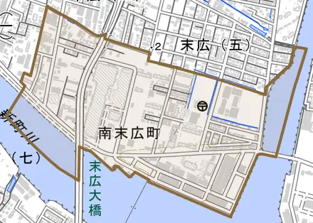 南末広町とその周辺の地図。町の範囲を重ねている