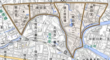 南田宮とその周辺の地図。町の範囲を重ねている