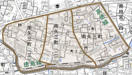 南矢三町とその周辺の地図。町の範囲を重ねている