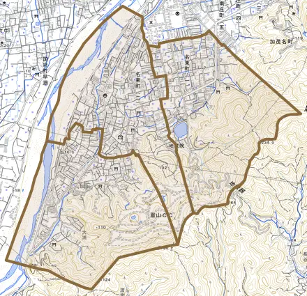 名東町とその周辺の地図。町の範囲を重ねている