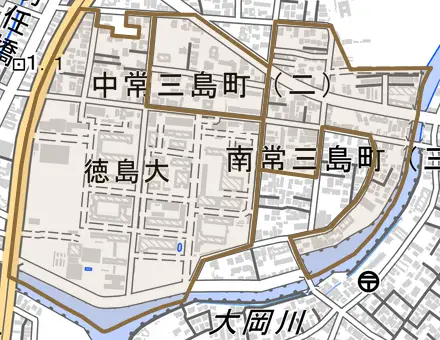 中常三島町とその周辺の地図。町の範囲を重ねている