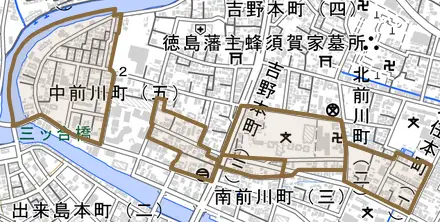 中前川町とその周辺の地図。町の範囲を重ねている