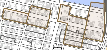 仲之町とその周辺の地図。町の範囲を重ねている