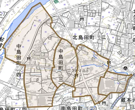 中島田町とその周辺の地図。町の範囲を重ねている