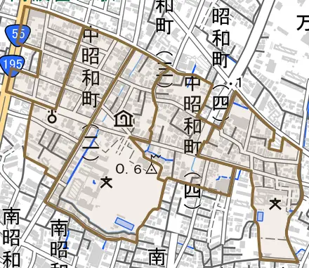 中昭和町とその周辺の地図。町の範囲を重ねている