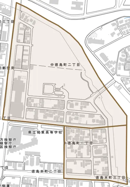 中徳島町とその周辺の地図。町の範囲を重ねている