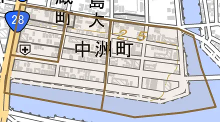 中洲町とその周辺の地図。町の範囲を重ねている