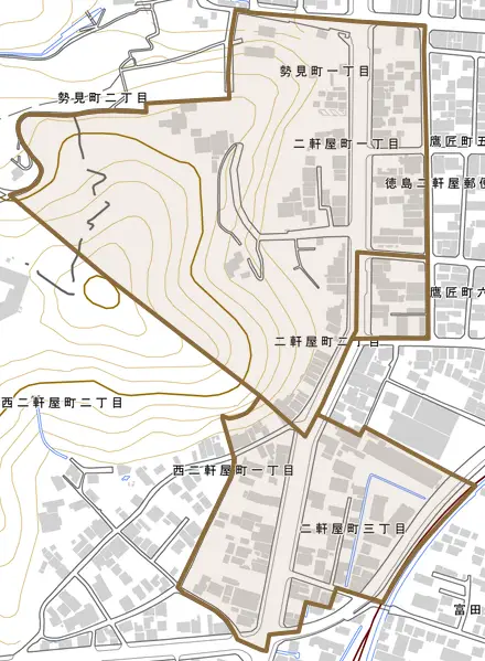 二軒屋町とその周辺の地図。町の範囲を重ねている
