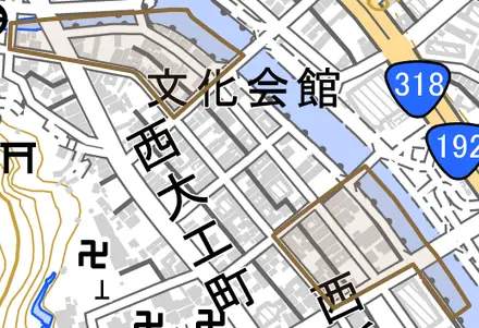 西船場町とその周辺の地図。町の範囲を重ねている