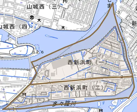 西新浜町とその周辺の地図。町の範囲を重ねている