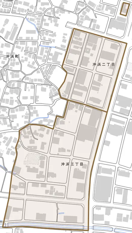 沖浜とその周辺の地図。町の範囲を重ねている