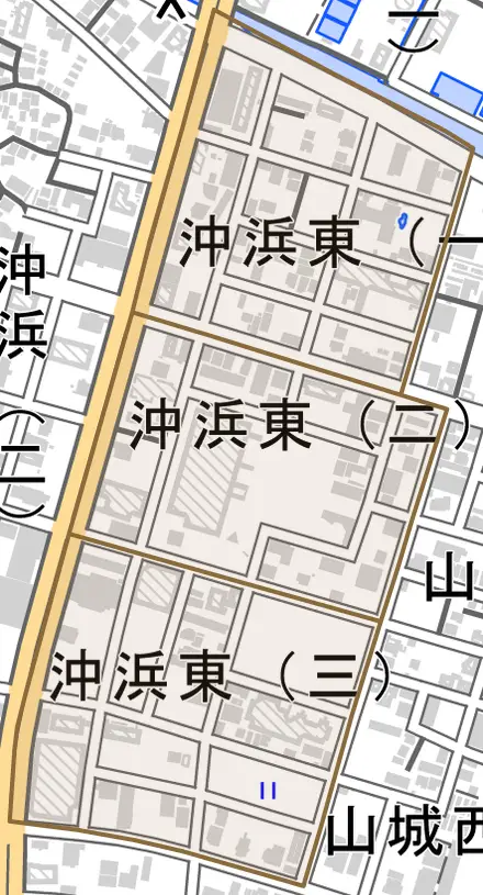 沖浜東とその周辺の地図。町の範囲を重ねている