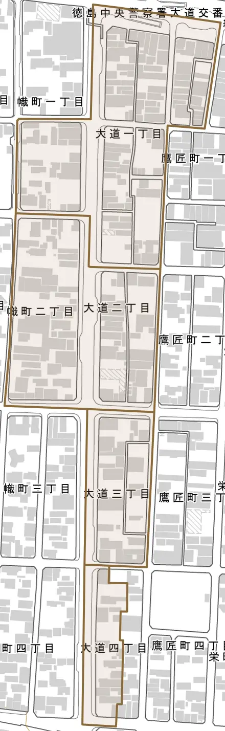 大道とその周辺の地図。町の範囲を重ねている