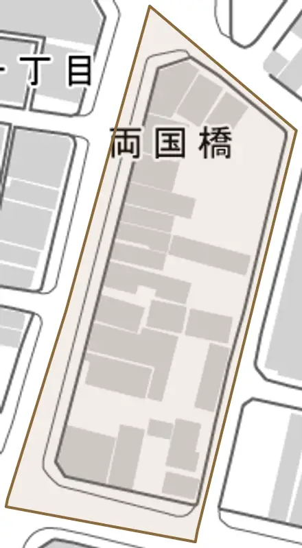 両国橋とその周辺の地図。町の範囲を重ねている