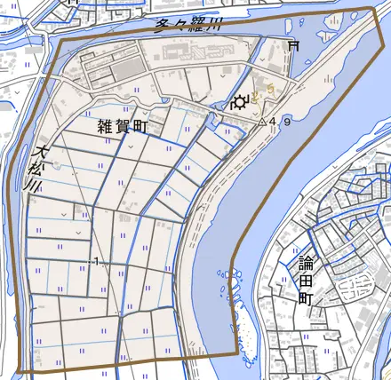 雑賀町とその周辺の地図。町の範囲を重ねている