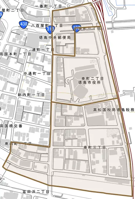 幸町とその周辺の地図。町の範囲を重ねている